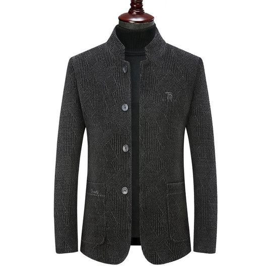 Herren Moderner Stehkragen-Blazer im Bouclé-Look mit feiner geometrischer Struktur EB
