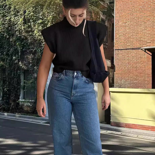 Damen Stricktop mit Stehkragen und Puffärmeln EB