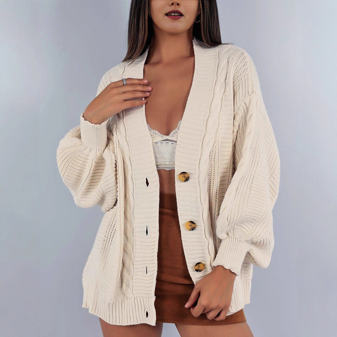 Damen Grobstrick-Cardigan mit großen Knopfdetails und voluminösen Ärmeln EB