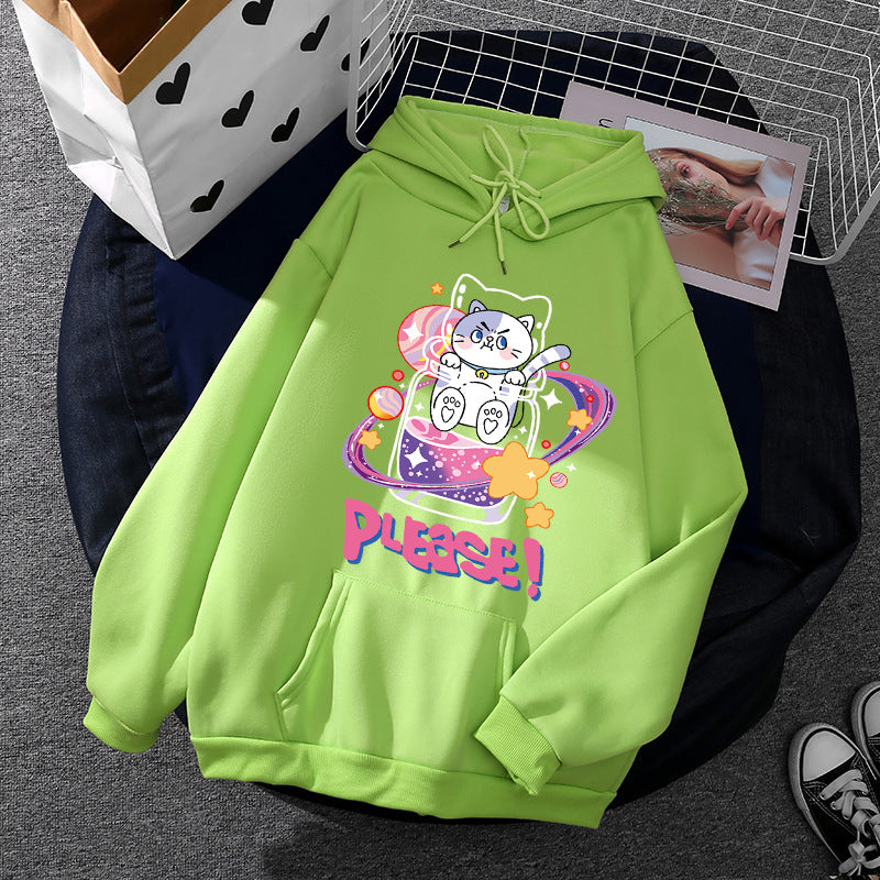 Damen nan oversized Kapuzenpullover im Streetstyle mit weichem Fleece-Innenfutter, Kängurutasche und farbenfrohem Cartoon-Katzen-Planet-Print EB