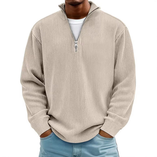 Herren nan gerippter Strickpullover mit halbem Reißverschluss und Stehkragen EB