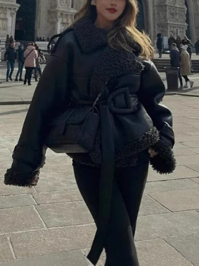 Damen Oversized Kunstlederjacke mit kuscheligem Futter EB