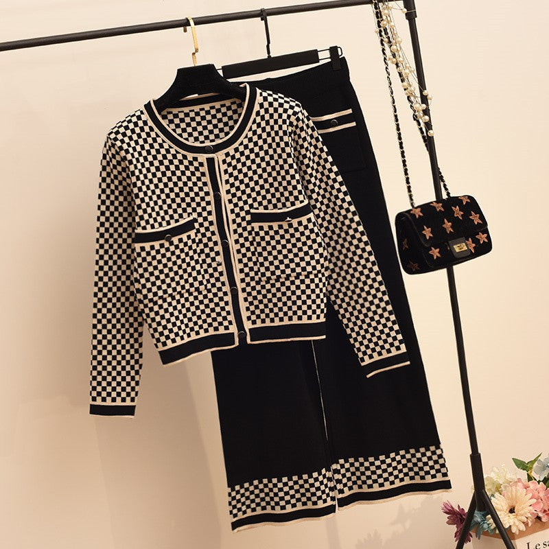 Damen Karomuster Strickensemble mit praktischen Taschen EB