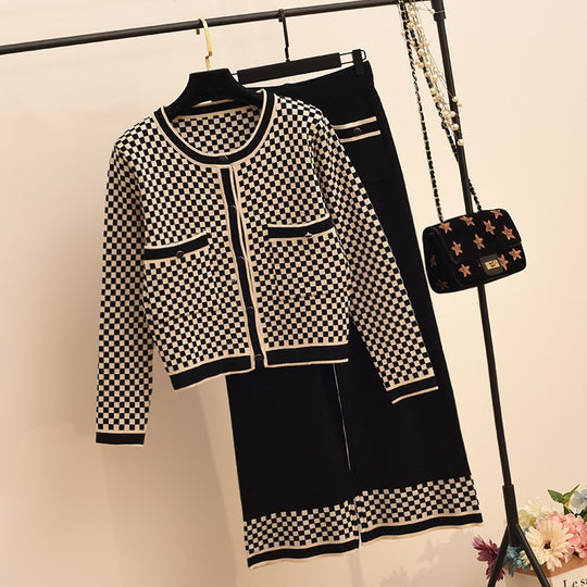 Damen Karomuster Strickensemble mit praktischen Taschen EB