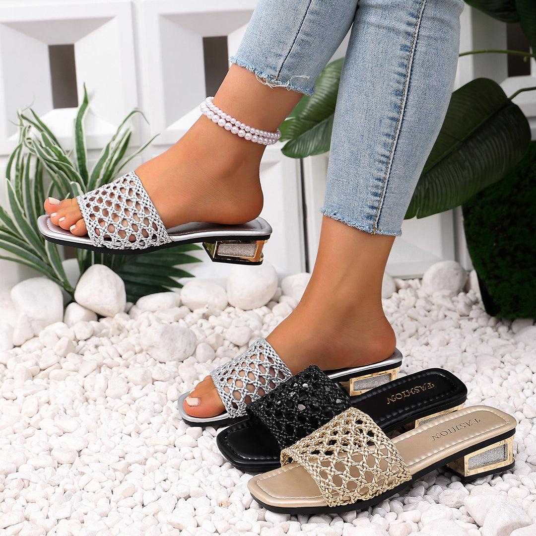 Damen Offene Mules mit filigranem Netzdesign und elegantem Blockabsatz EB