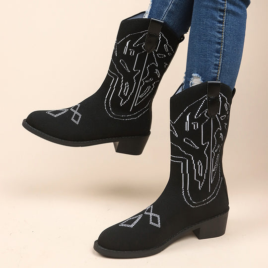 Damen Cowboy-Stiefel mit kunstvollem Stickdesign und robustem Absatz EB