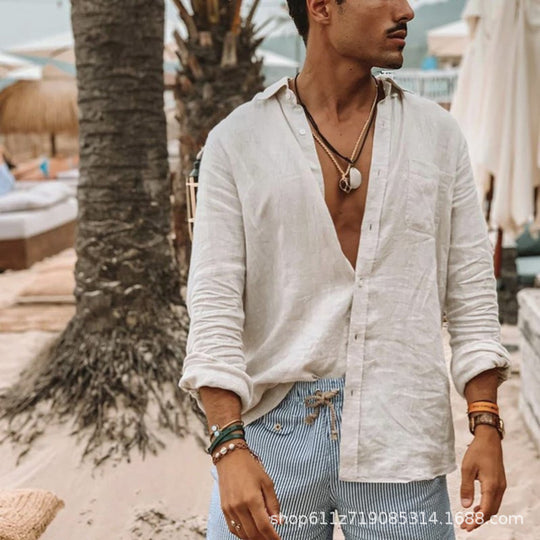 Herren Leichtes Leinenhemd mit modernem Kragen und lässigem Design EB