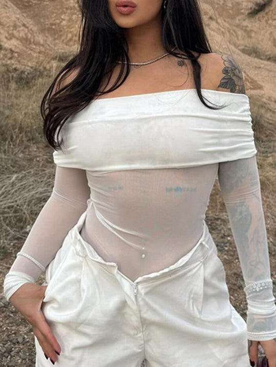 Damen Off-Shoulder Langarmbody mit transparenten Akzenten EB