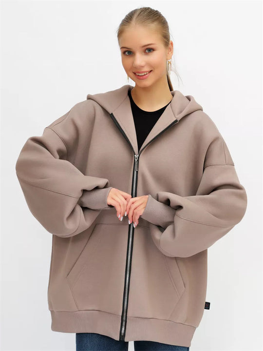 Damen lässiger Oversized Zip-Hoodie mit tiefen Taschen EB