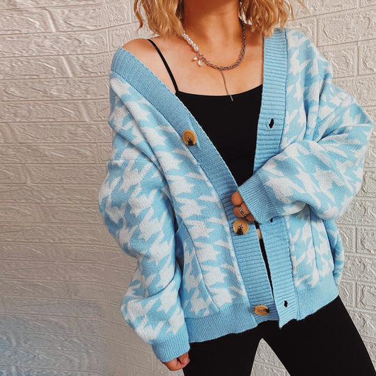 Damen gemütlicher Strickcardigan mit modernen Hahnentrittmuster und Knopfdetails EB