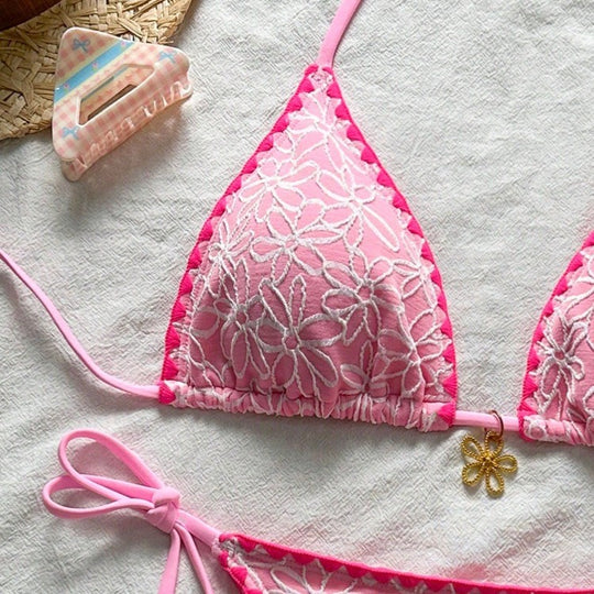 Damen Triangel-Bikini-Set mit floralen Stickereien EB