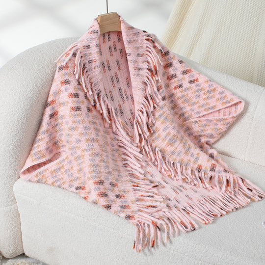 Damen eleganter Poncho mit fransigen Details und modernem Karomuster EB