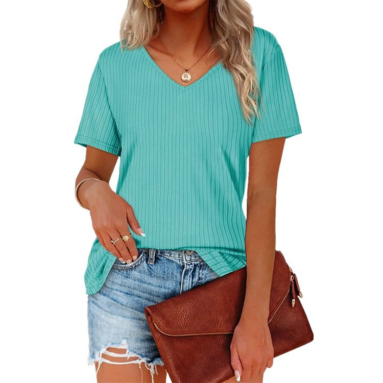 Damen Viskose T-Shirt mit feinem Rippstrickmuster und lässigem V-Ausschnitt EB