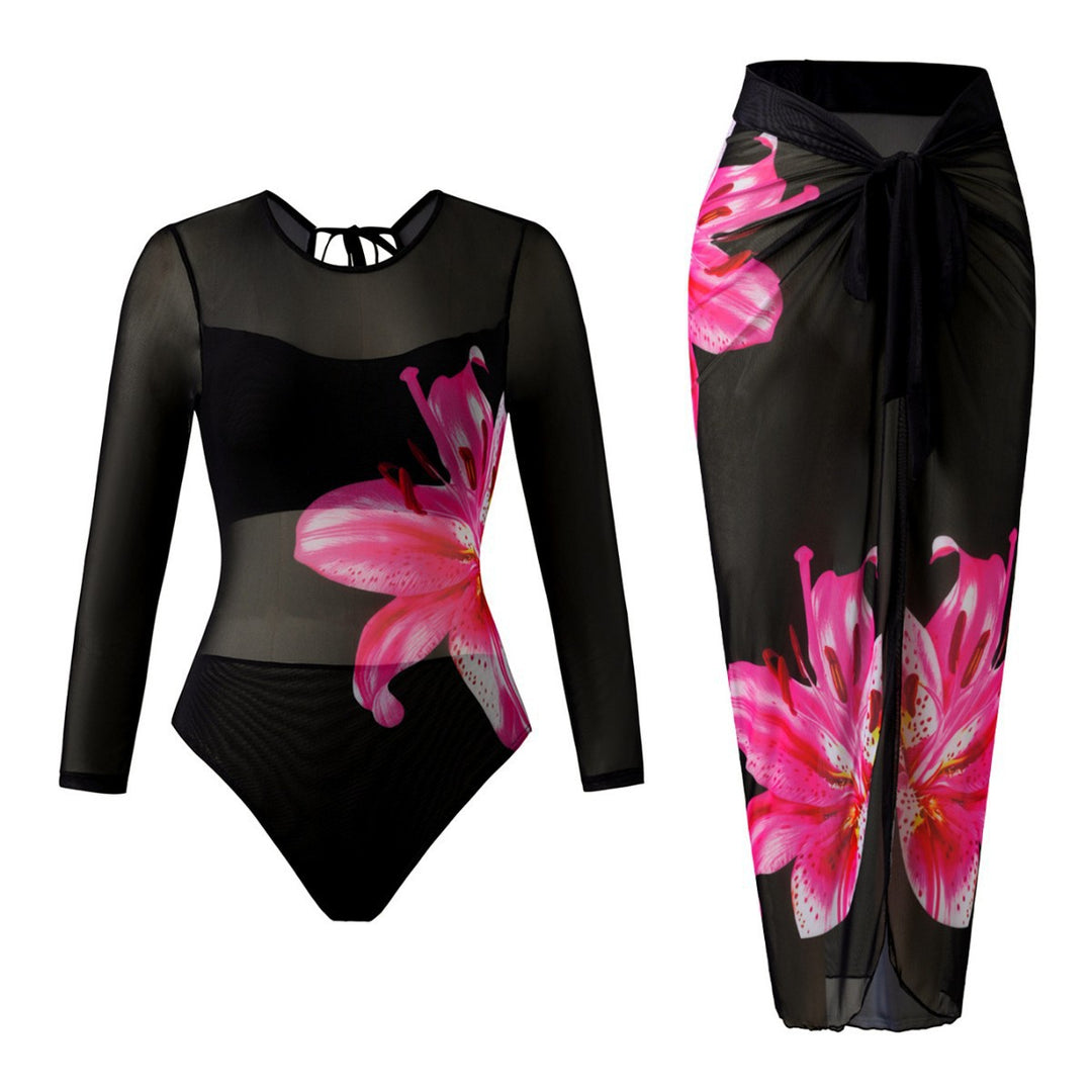 Damen Eleganter Badeanzug mit langem Arm und transparente Wickelrock EB