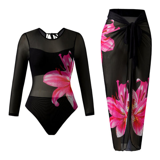 Damen Eleganter Badeanzug mit langem Arm und transparente Wickelrock EB