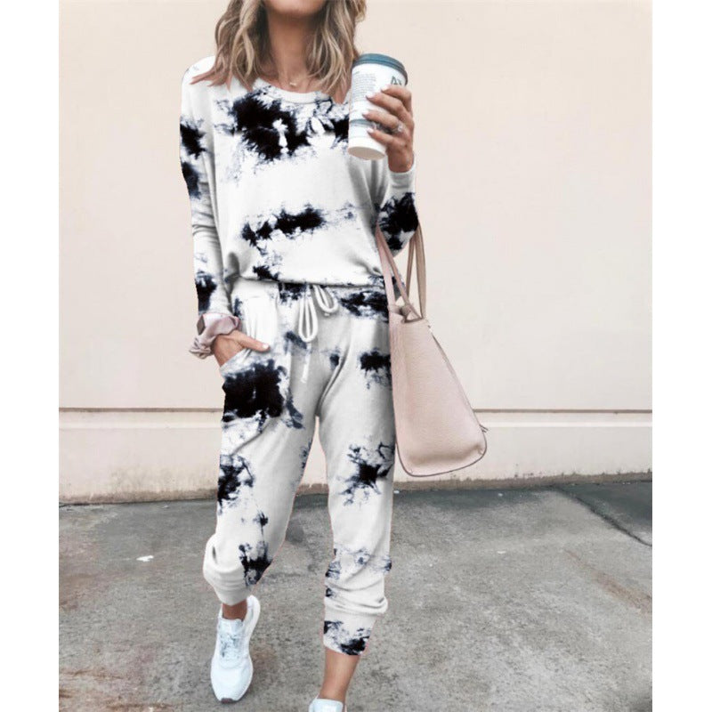 Damen Lässiger Tie-Dye Lounge-Jumpsuit mit Kordelzug und Eingrifftaschen EB