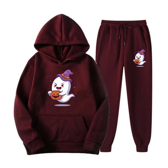 Unisex nan kuscheliger Kapuzenpullover und Jogginghose Set mit Halloween-Geistprint EB