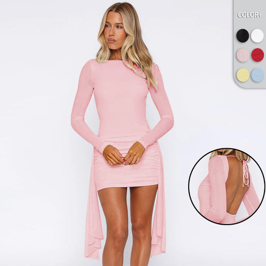 Damen elegantes Wickelkleid mit asymmetrischem Saum und langen Ärmeln EB