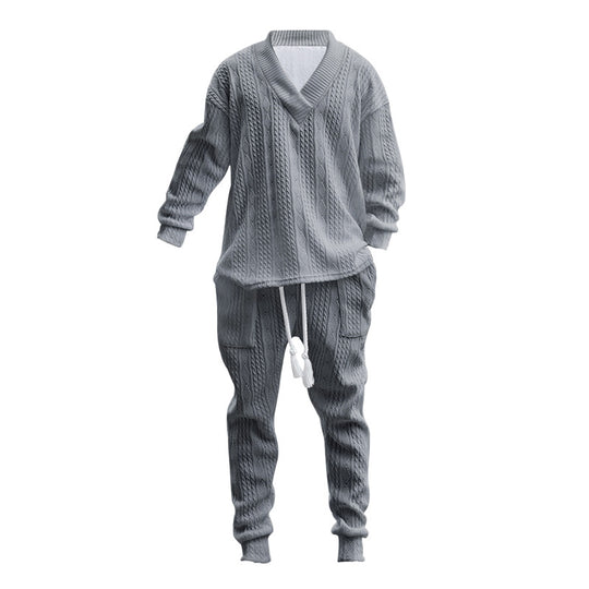 Herren nan komfortables Kabelstrick-Set mit tiefem V-Ausschnitt, Kordelzug-Jogger und Bündchen EB