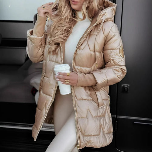 Damen Lange Steppjacke mit Kapuze und praktischen Taschen EB