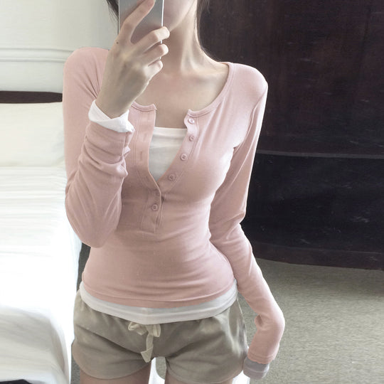 Damen nan tailliertes Henley-Crop-Longsleeve mit kontrastierenden Saum- und Ärmelbündchen EB