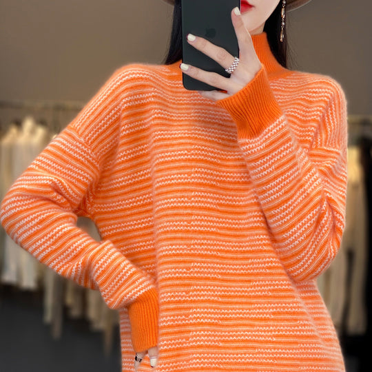 Damen Strickpullover mit modernem Streifenmuster und bequemen Daumenlöchern EB