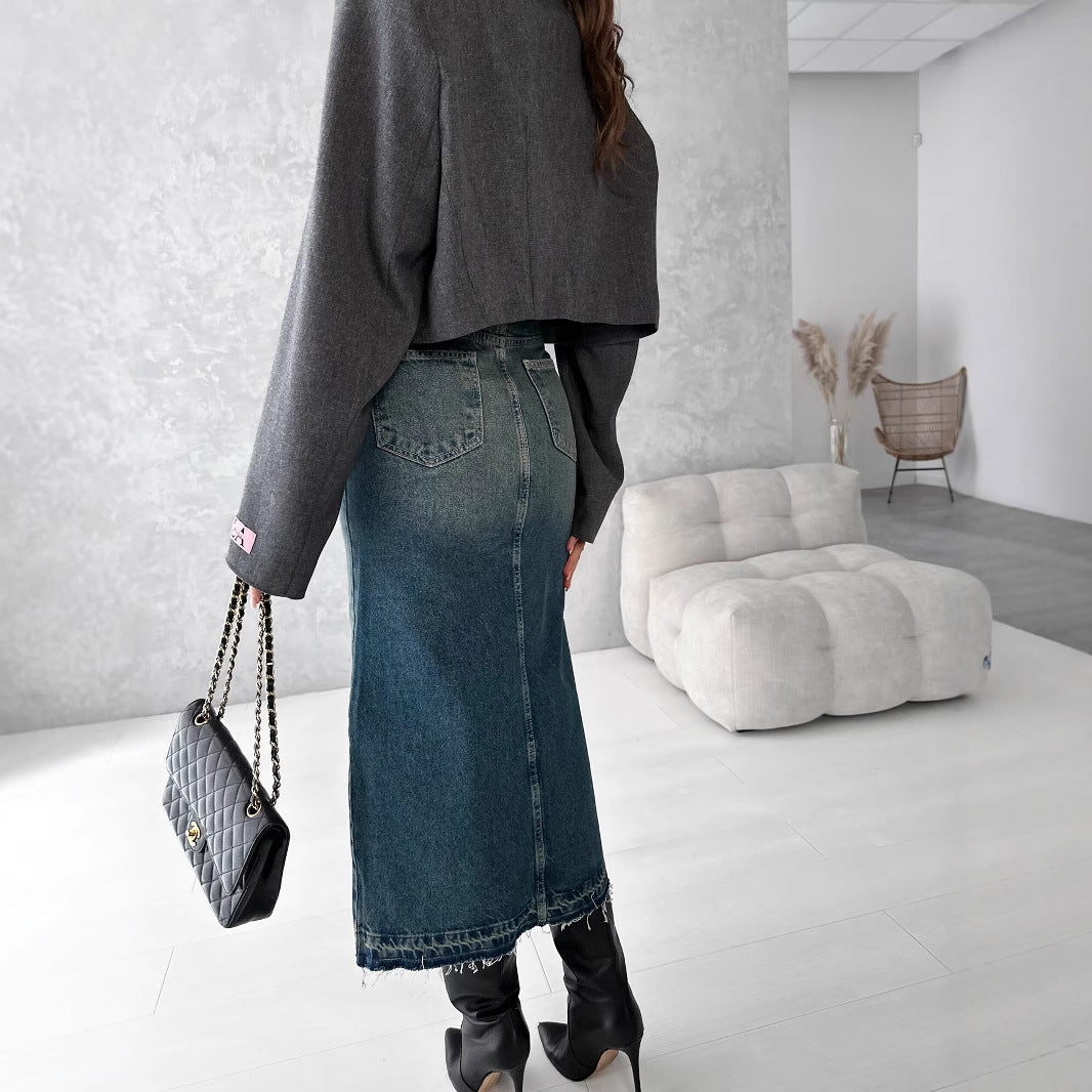 Damen Jeansrock mit hohem Schlitz im modernen Used-Look EB