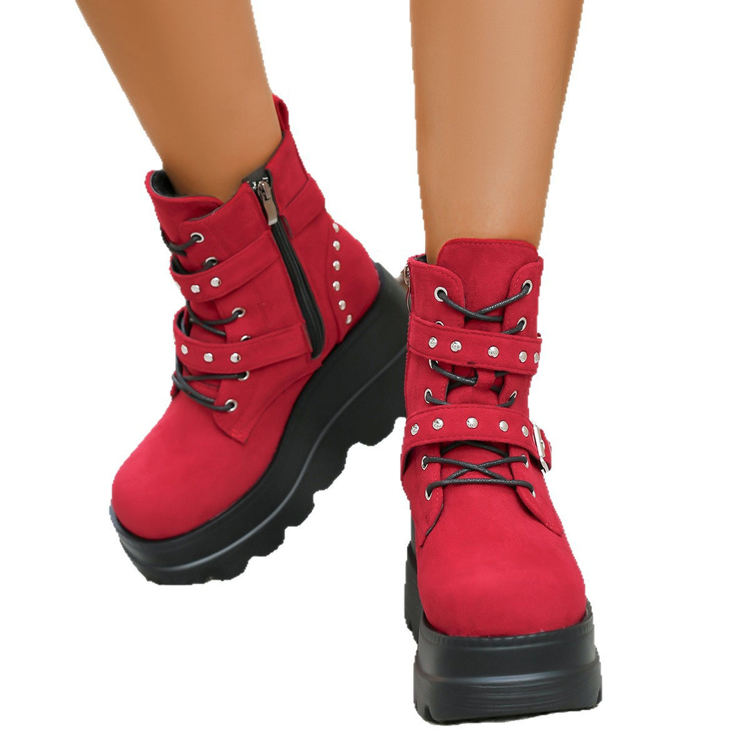 Damen Wedge-Stiefel mit modischen Schnallen und robustem Plateau EB