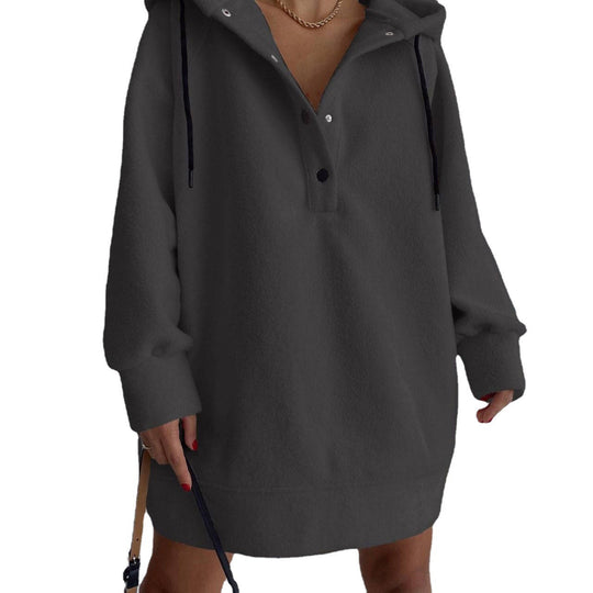 Damen nan kuscheliges Kapuzen-Fleece-Tunika-Sweatshirt mit Druckknopfleiste und überschnittener Schulter EB