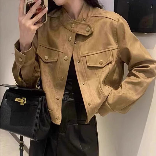 Damen Modische Kurzjacke im Stilmix mit Taschen und Knopfdetails EB