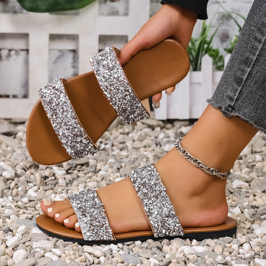 Damen Glitzernde Slides mit breiten Riemen EB