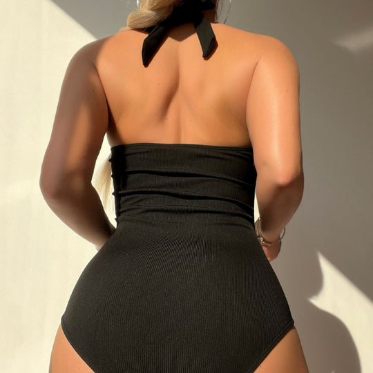 Damen Eleganter Badeanzug mit tiefem V-Ausschnitt und Raffung EB