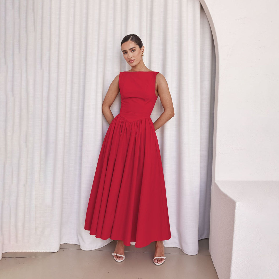 Damen Elegantes Maxi-Kleid mit breitem Rockansatz und taillierter Passform EB