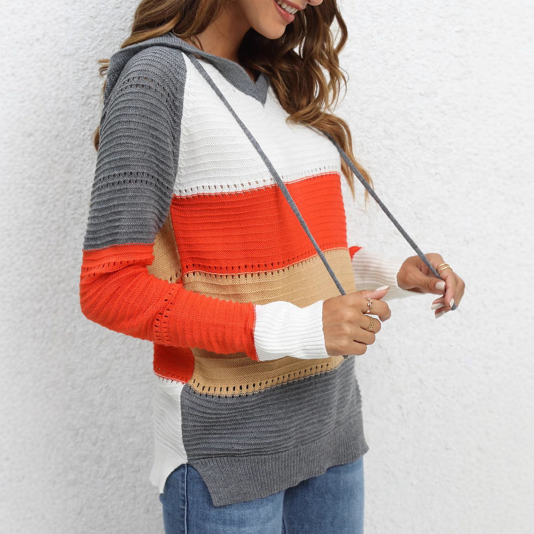 Damen Pullover mit lässigem Kapuzen-Design und einzigartigem Streifenmuster EB