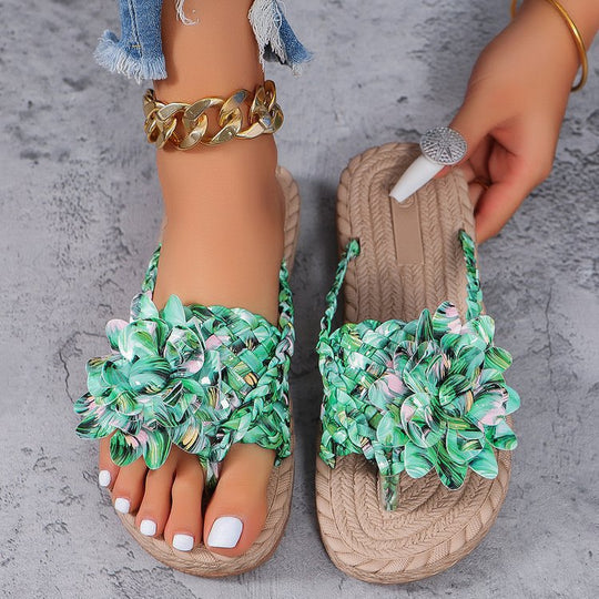 Damen Geflochtene Zehentrenner‑Sandalen mit XXL‑Blütenapplikation und gepolstertem Komfortfußbett EB