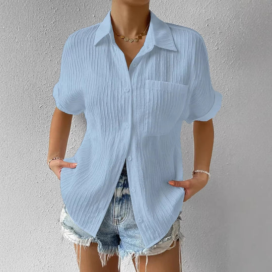 Damen lässige kurzärmlige Bluse mit Struktur und Brusttasche EB