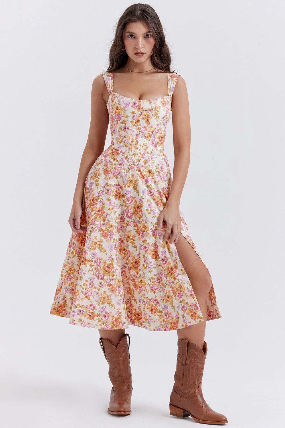 Damen Maxikleid mit floralem Schnitt und schwingendem Rock EB
