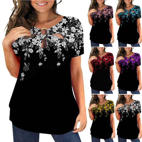Damen elegantes Oberteil mit floralem Cut-Out-Design und glänzendem Ringeinsatz EB