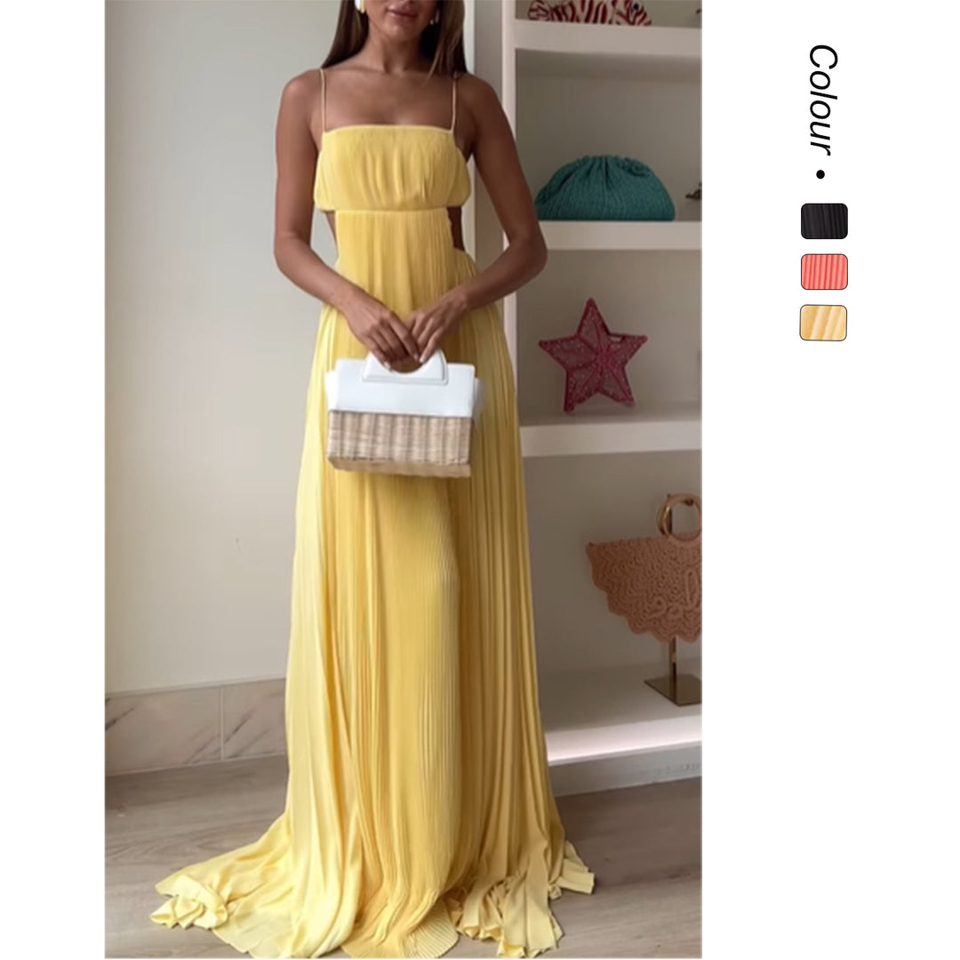 Damen Maxi-Kleid mit eleganter Plisseedetails und schmalen Spaghettiträgern EB