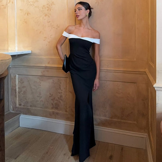Damen Elegantes Maxikleid mit schulterfreiem Design und seitlichem Schlitz EB