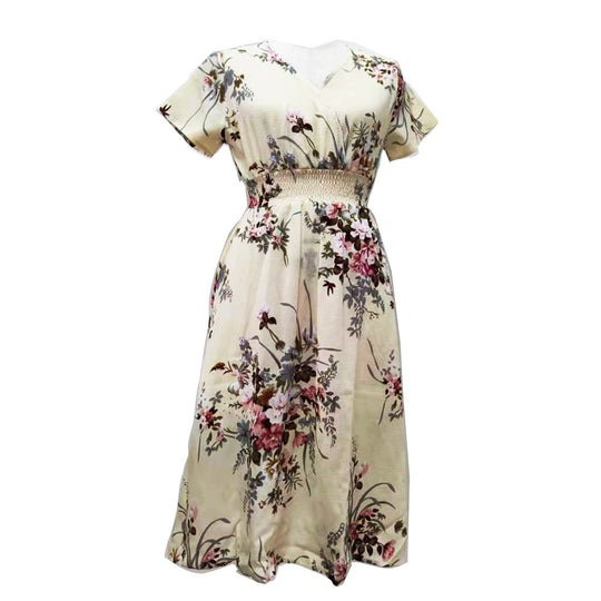 Damen Maxikleid mit floralen Mustern und elastischem Taillenbund EB