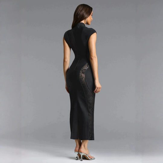 Damen Elegantes Kleid mit transparenten Spitzeinsätzen EB