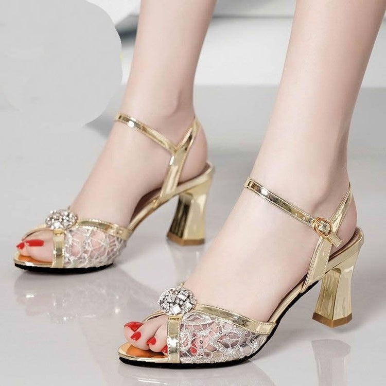Damen elegante Riemchen-Sandalen mit filigraner Strass-Applikation EB