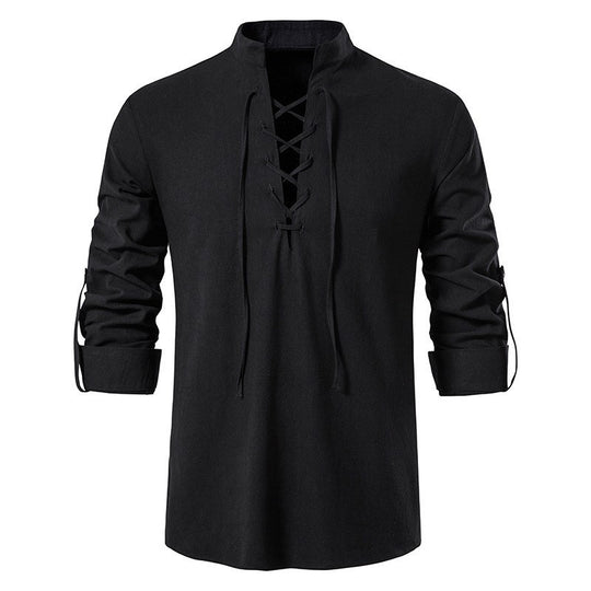 Herren lässiges Langarmhemd mit modernem Schnürdesign und hochqualitativer Baumwolle EB
