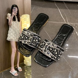 Damen Lifestyle Slides mit eleganter Perlenschließe EB