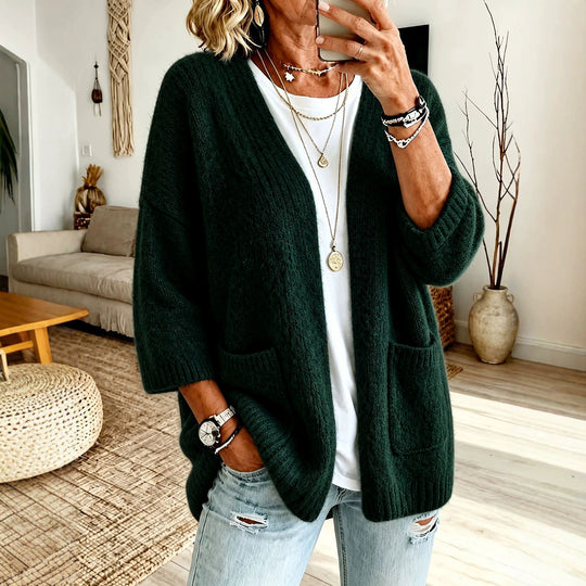 Damen Offener Longcardigan im Mohair-Look mit aufgesetzten Taschen und überschnittener Schulter EB