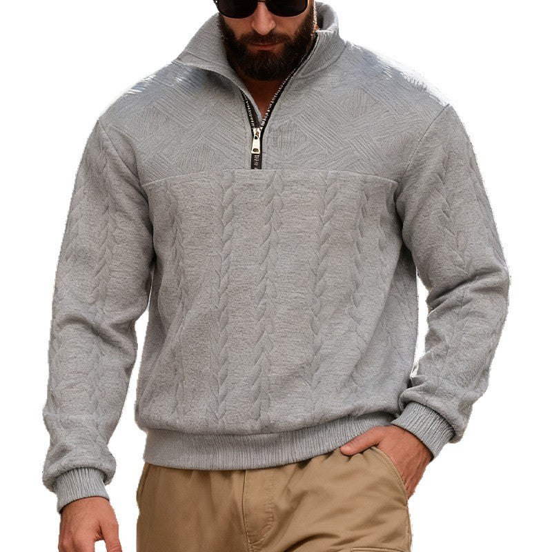 Herren nan strukturiertes Halfzip-Strickpullover mit Zopfmuster und hohem Stehkragen EB
