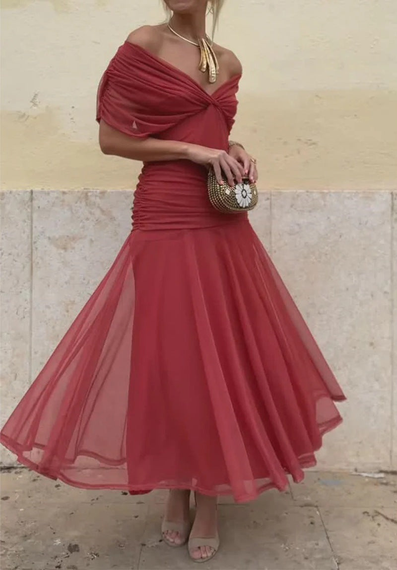 Damen nan fließendes Abendkleid mit transparentem Chiffon-Capelet, V-Ausschnitt und taillierter Drapierung EB