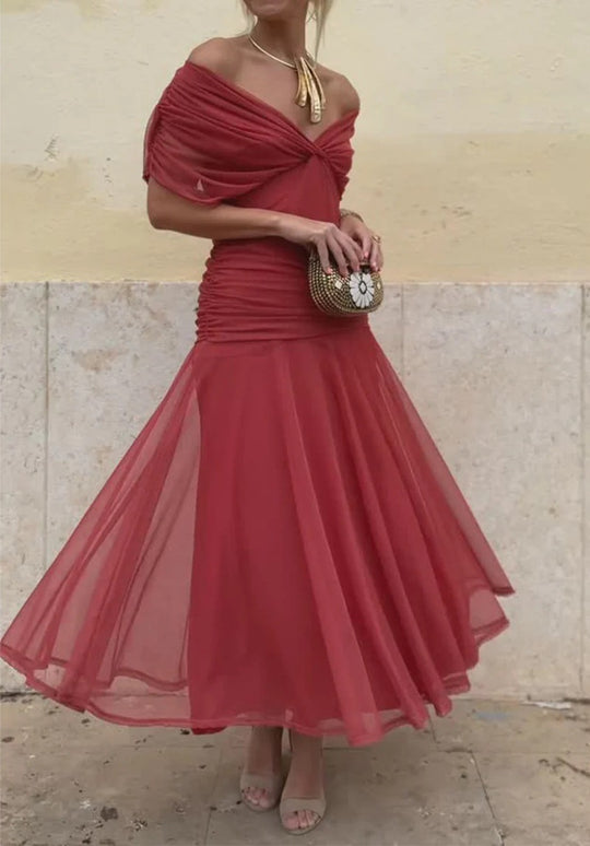 Damen nan fließendes Abendkleid mit transparentem Chiffon-Capelet, V-Ausschnitt und taillierter Drapierung EB