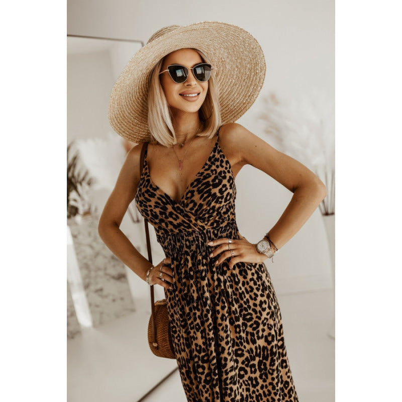 Damen Sleek Leopardenmuster Maxi Kleid EB